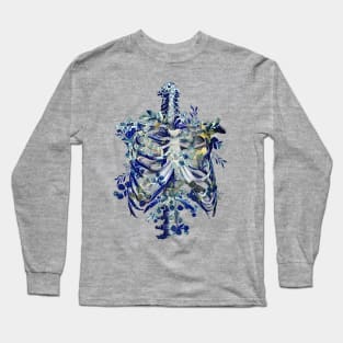 Blue Ribcage, rib cage, anatomy skeleton blue eucaliptus leaves, the great wave style Long Sleeve T-Shirt